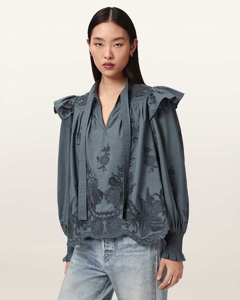 AllSaints Nisa Embroidered Cotton Top Women's Steel Blue Women's
