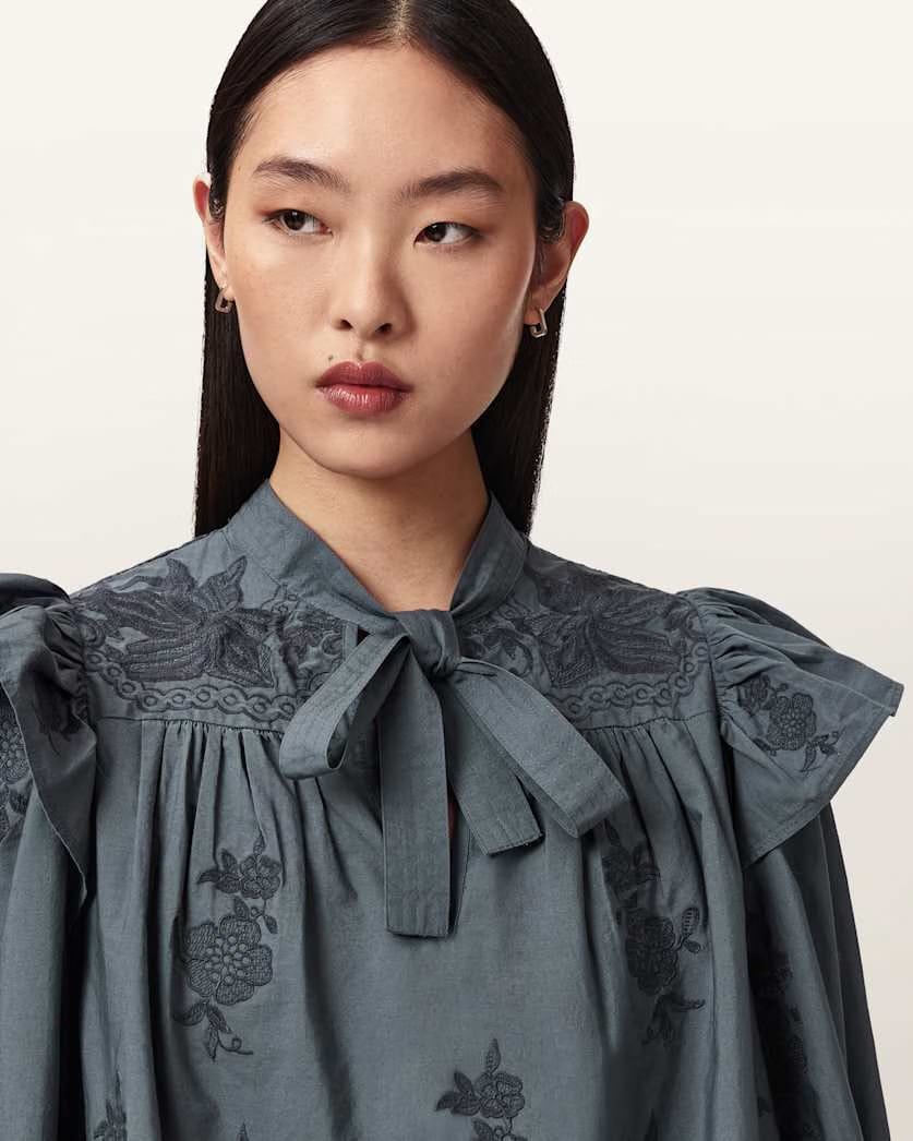 AllSaints Nisa Embroidered Cotton Top Women's Steel Blue Women's