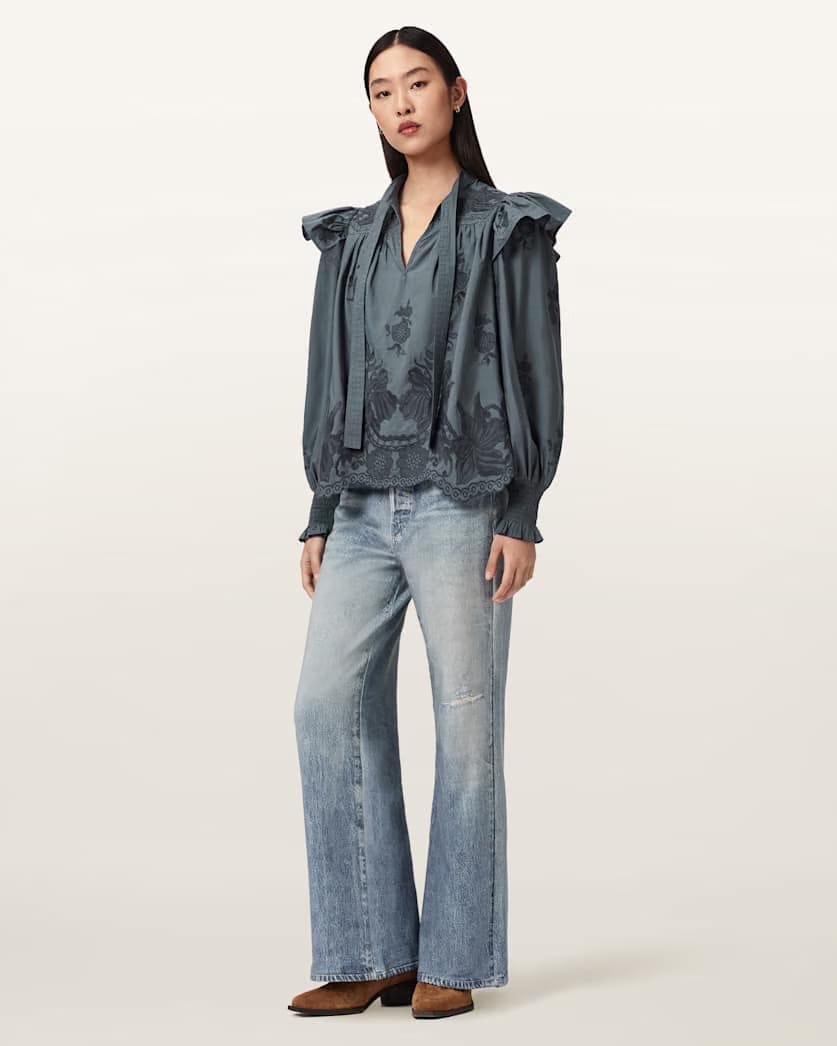 AllSaints Nisa Embroidered Cotton Top Women's Steel Blue Women's