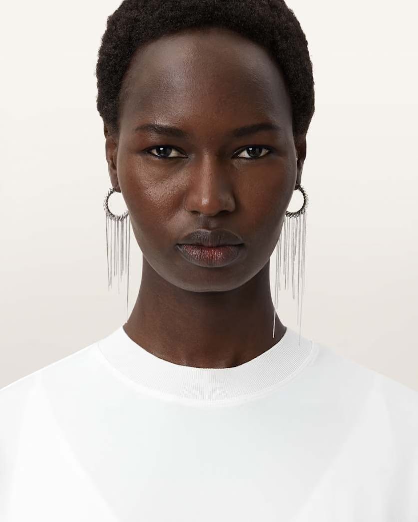 AllSaints Nia Drop Chain Hoop Earrings Women's Warm Silver Women's