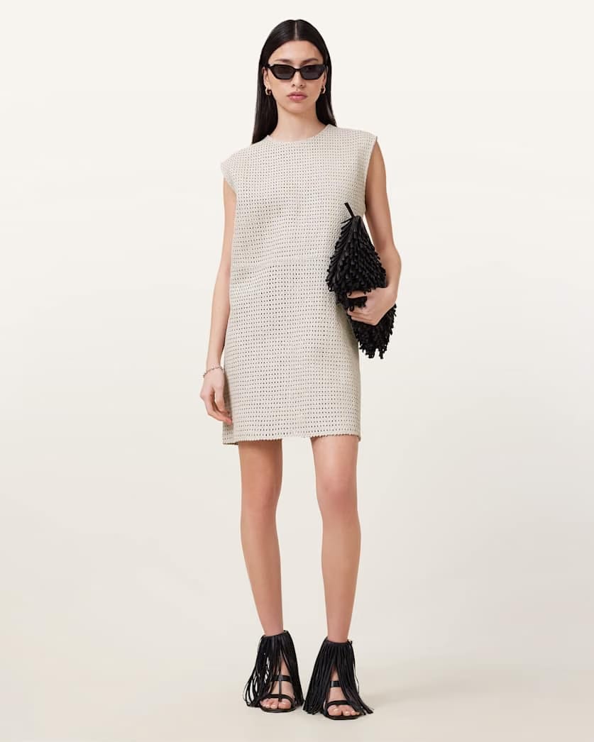 AllSaints Nessa Woven Leather Mini Dress Women's Off White Women's