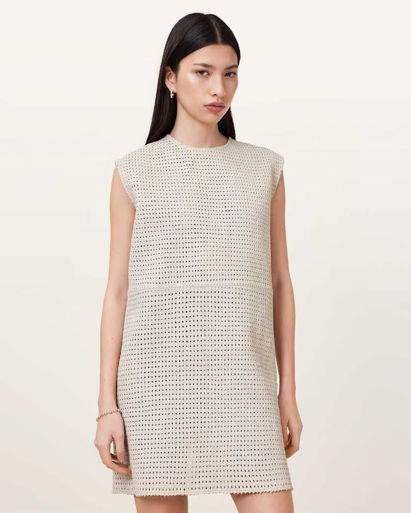AllSaints Nessa Woven Leather Mini Dress Women's Off White Women's