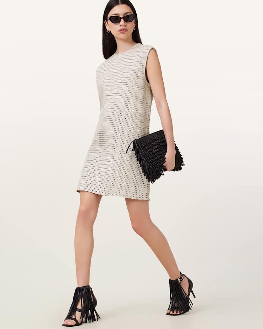 AllSaints Nessa Woven Leather Mini Dress Women's Off White Women's