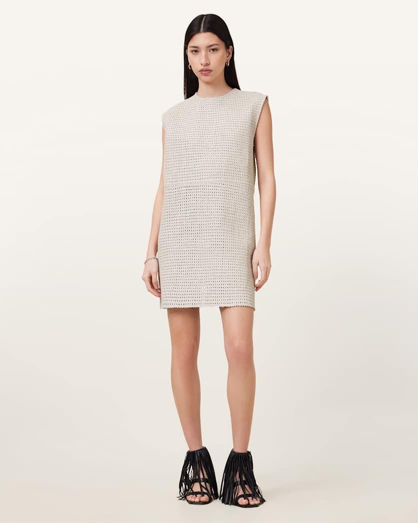 AllSaints Nessa Woven Leather Mini Dress Women's Off White Women's