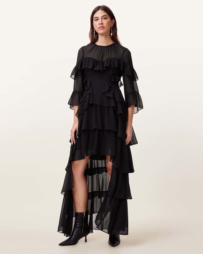 AllSaints Nat Ruffled High Low Maxi Dress Women's Black Women's