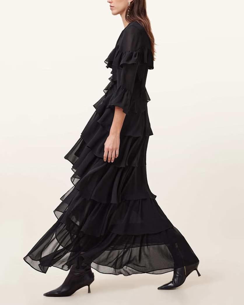 AllSaints Nat Ruffled High Low Maxi Dress Women's Black Women's