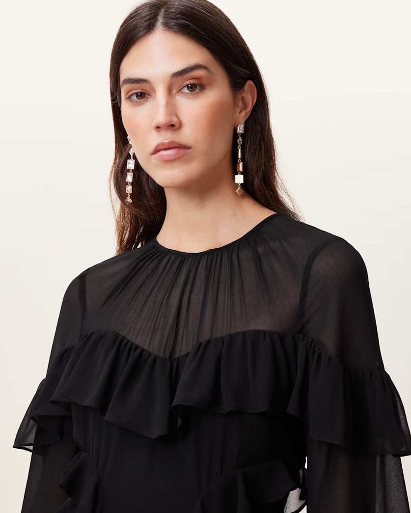 AllSaints Nat Ruffled High Low Maxi Dress Women's Black Women's