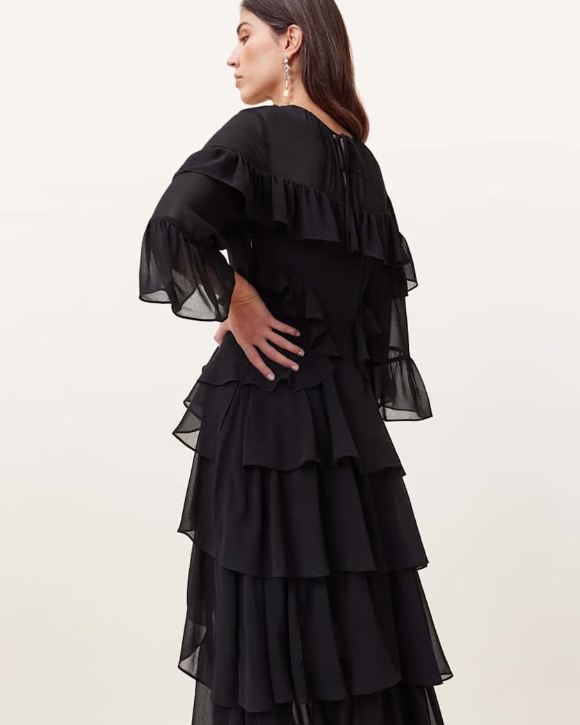 AllSaints Nat Ruffled High Low Maxi Dress Women's Black Women's