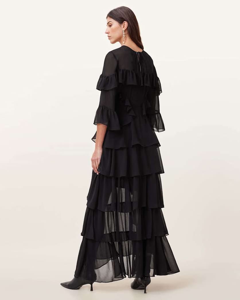 AllSaints Nat Ruffled High Low Maxi Dress Women's Black Women's