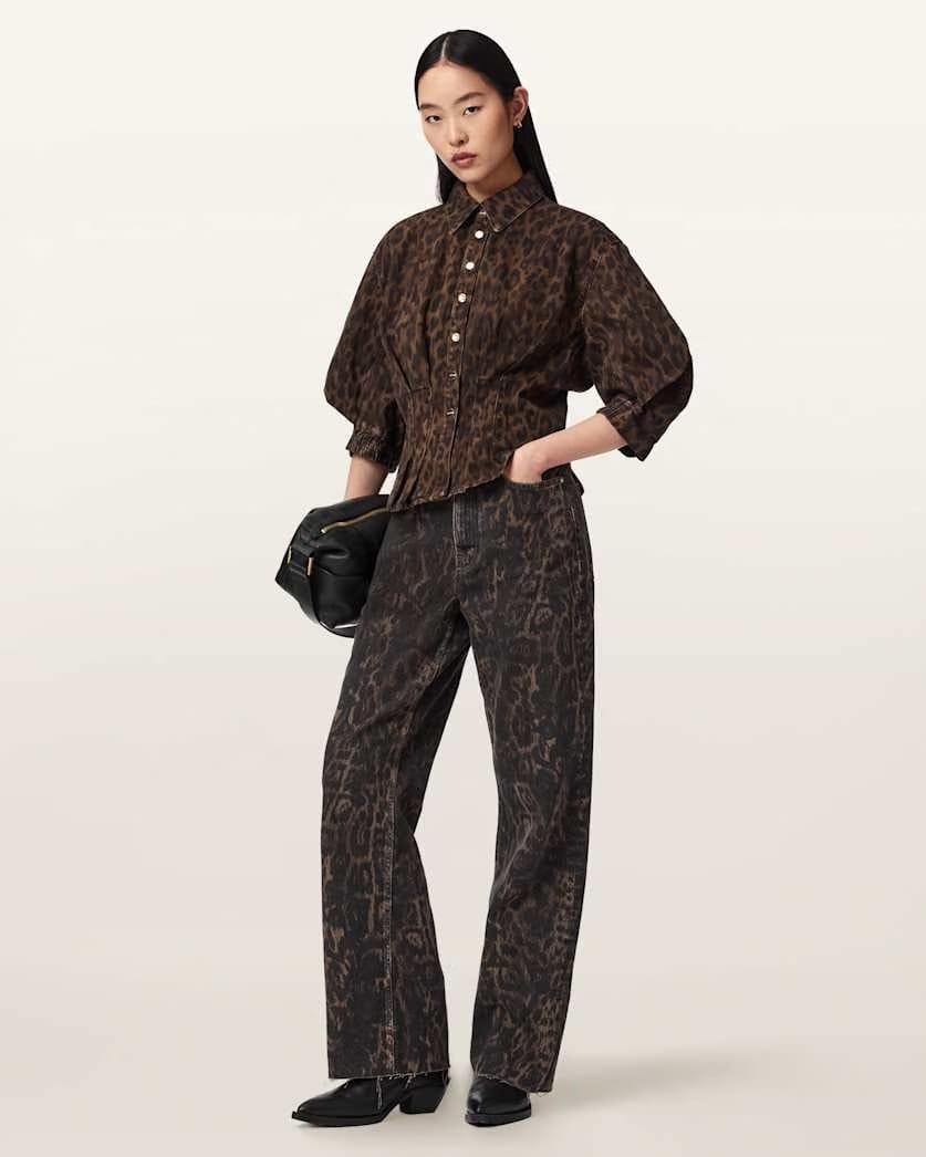AllSaints Nancy Leopard Print Denim Shirt Women's Leppo Brown Women's