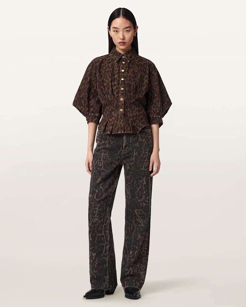 AllSaints Nancy Leopard Print Denim Shirt Women's Leppo Brown Women's