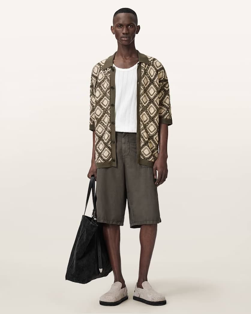 AllSaints Morena Short Sleeve Collared Cardigan Pitch Green