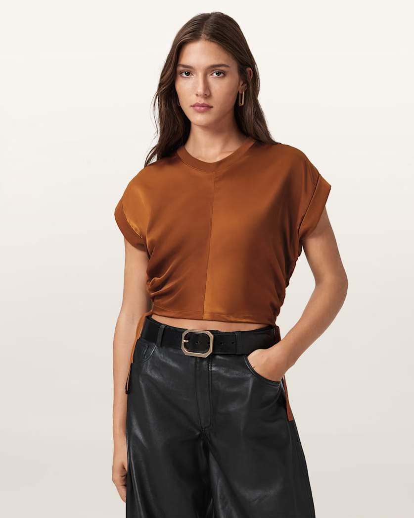 AllSaints Mira Cropped Satin Drawcord T Shirt Women's Rust Brown Women's