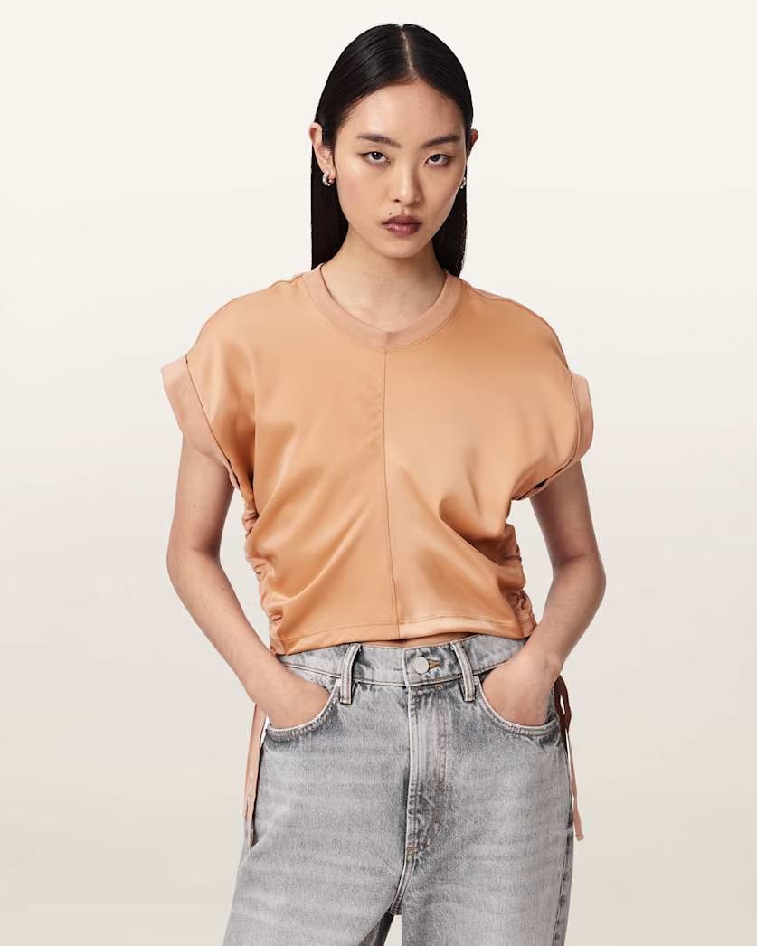 AllSaints Mira Cropped Satin Drawcord T Shirt Women's Rust Brown Women's
