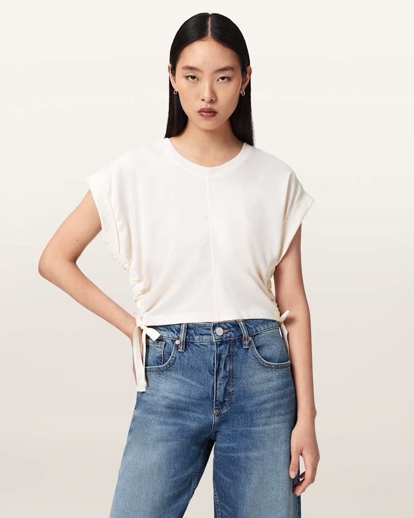 AllSaints Mira Cropped Satin Drawcord T Shirt Women's Rust Brown Women's