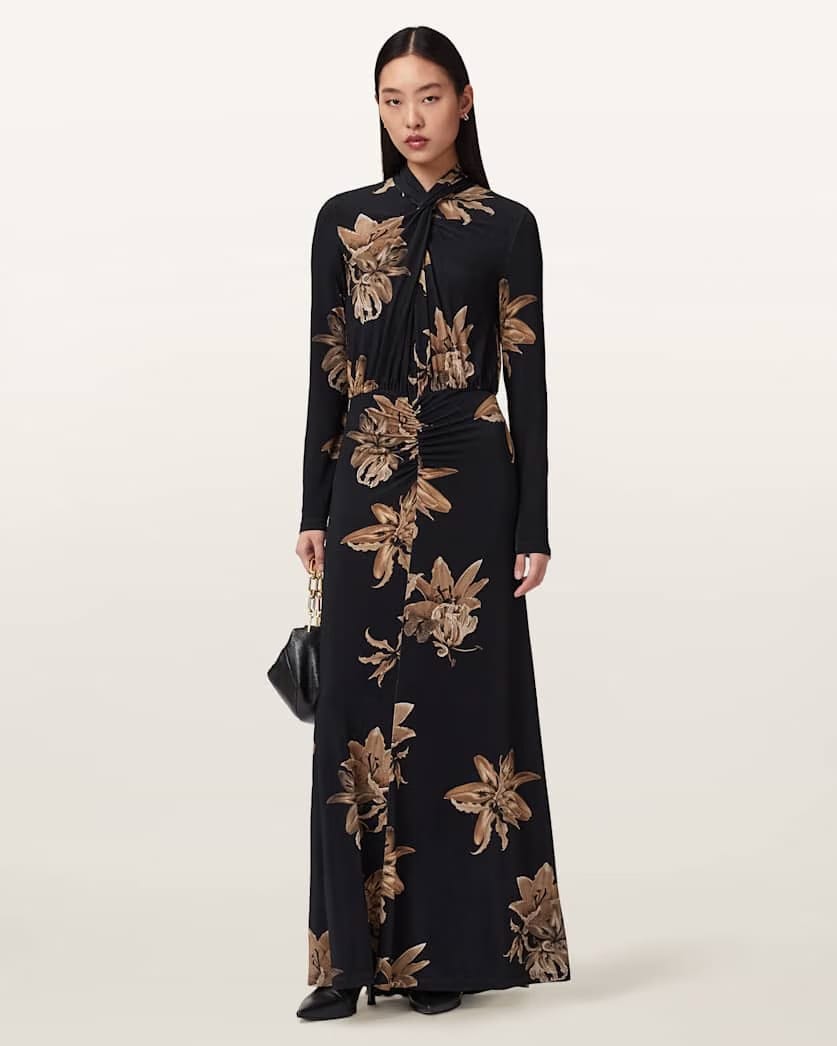 AllSaints Mina Floral A Line Maxi Dress Women's Petra Black Women's