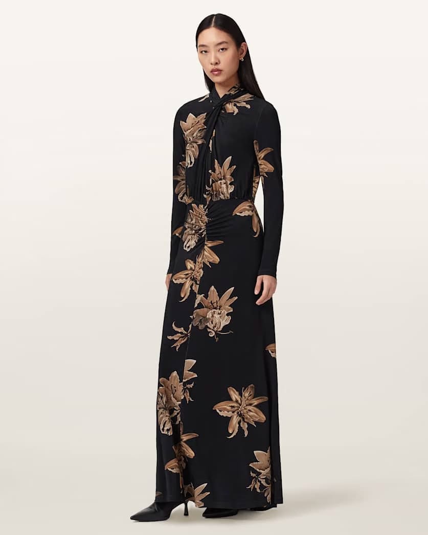 AllSaints Mina Floral A Line Maxi Dress Women's Petra Black Women's