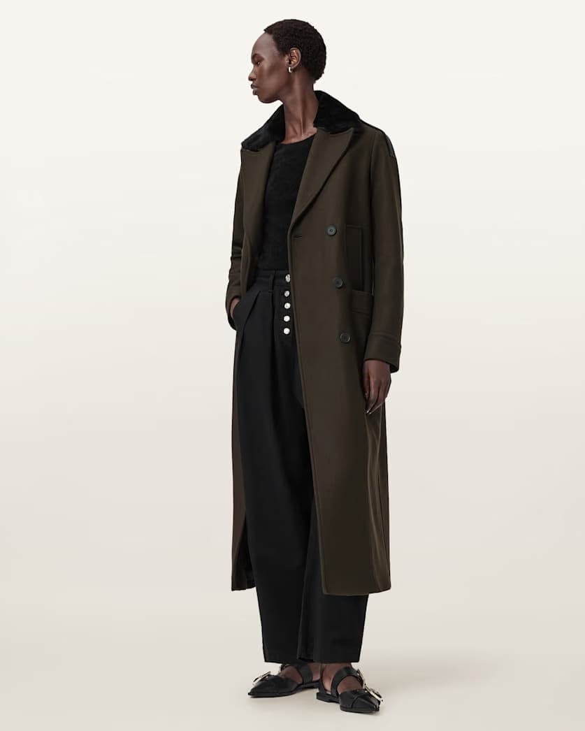 AllSaints Millie Double Breasted Coat Women's Khaki Green Women's