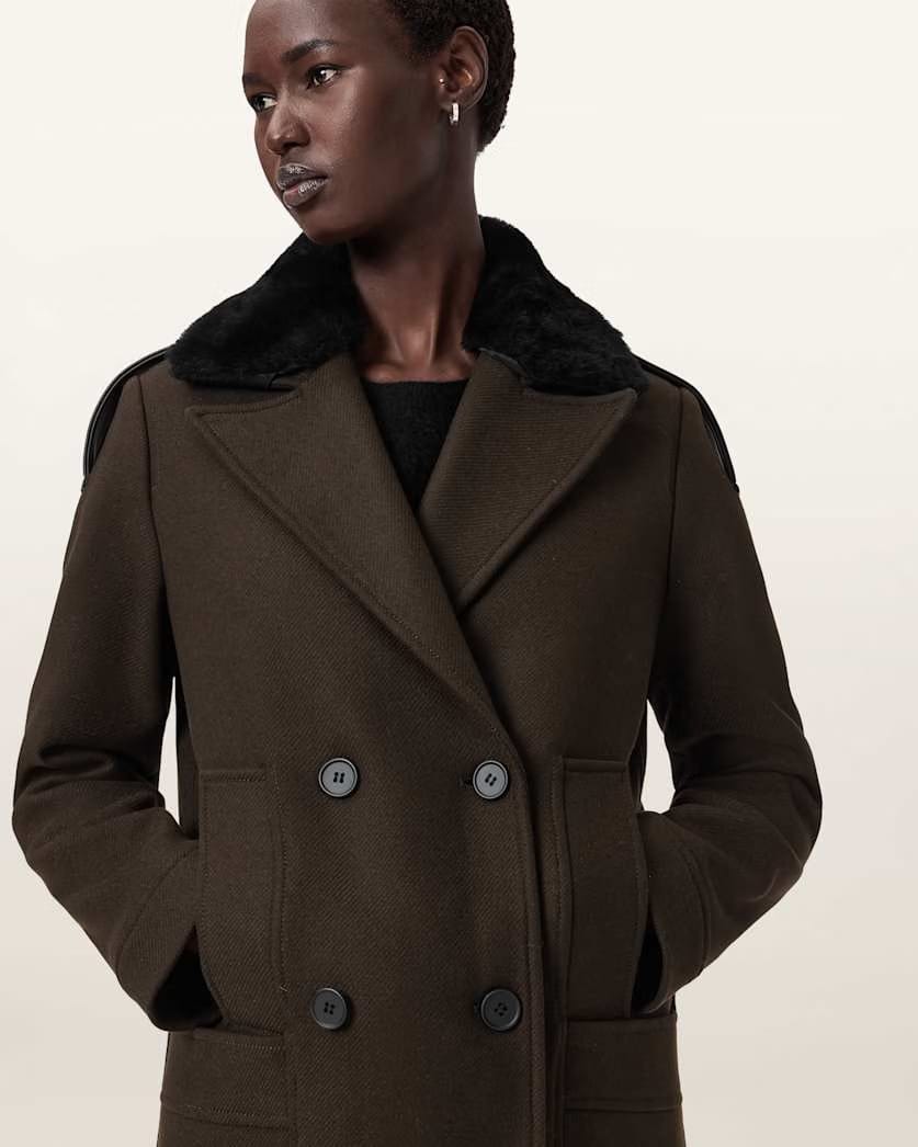 AllSaints Millie Double Breasted Coat Women's Khaki Green Women's