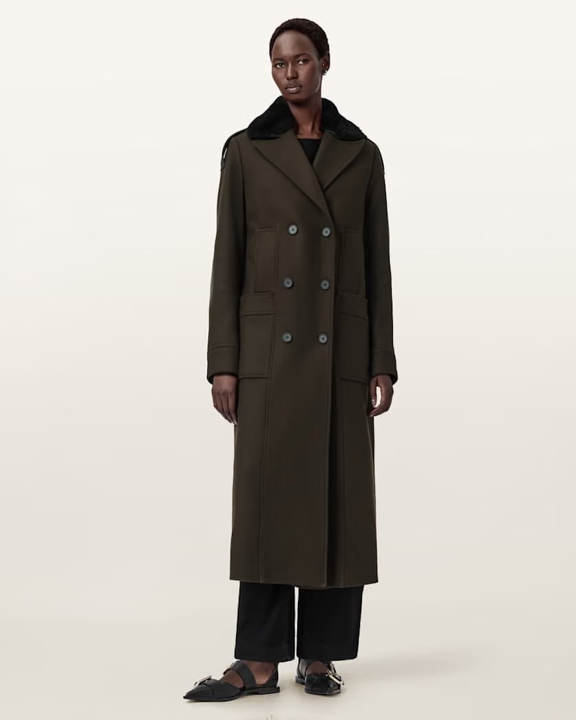AllSaints Millie Double Breasted Coat Women's Khaki Green Women's
