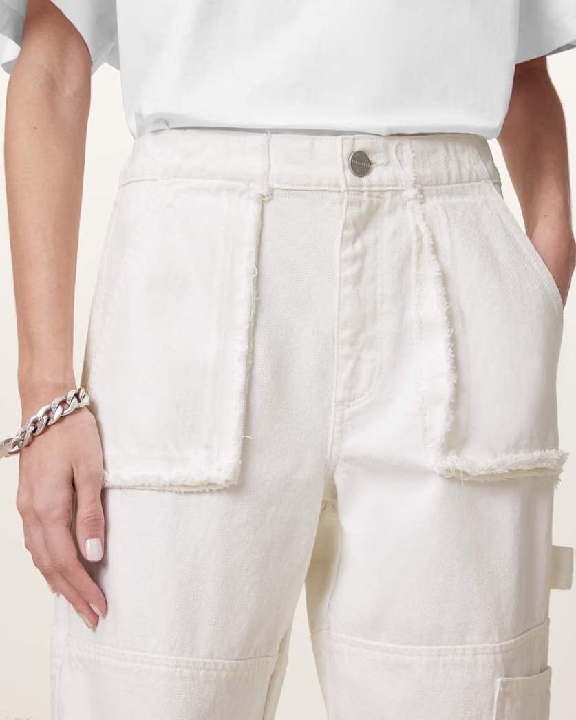 AllSaints Mila Tapered Frayed Cargo Denim Pants Women's Off White Women's