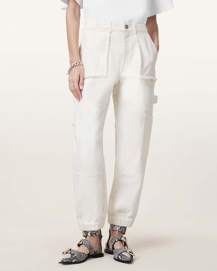 AllSaints Mila Tapered Frayed Cargo Denim Pants Women's Off White Women's
