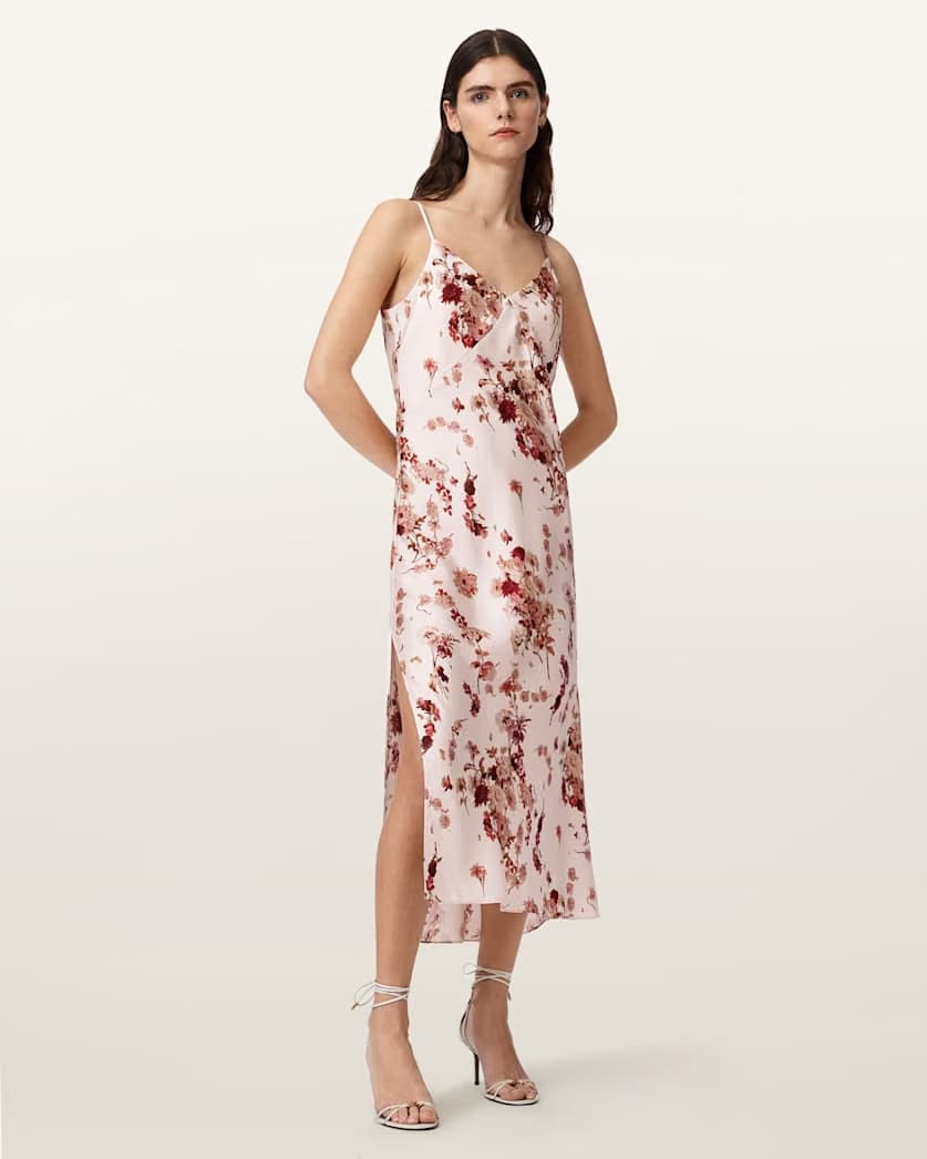 AllSaints Melody Floral Silk Blend Midi Slip Dress Women's Armada Soft Pink Women's