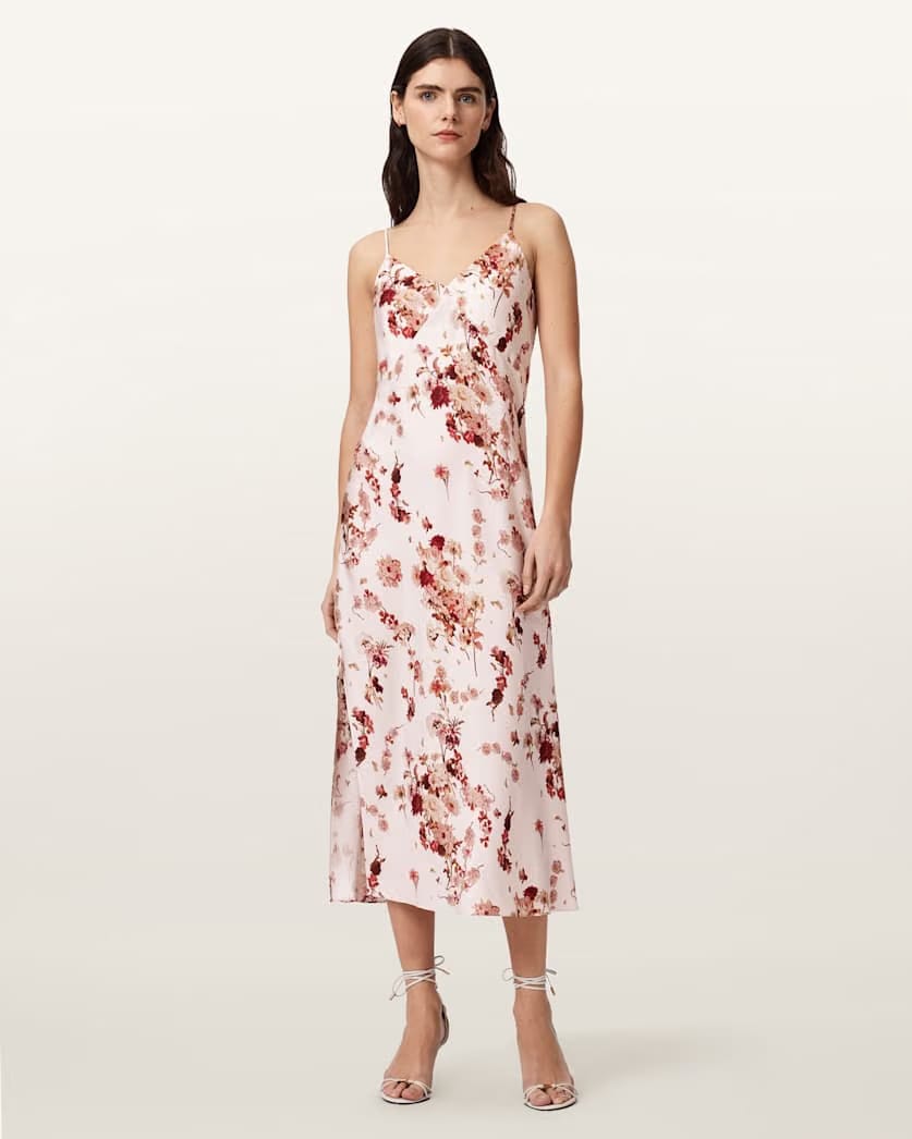 AllSaints Melody Floral Silk Blend Midi Slip Dress Women's Armada Soft Pink Women's