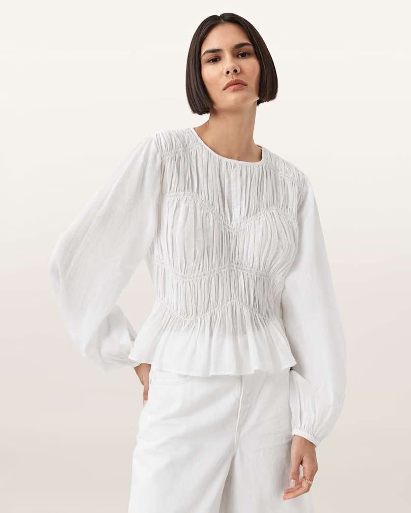 AllSaints Melani Round Neck Gathered Top Women's Antique White Women's