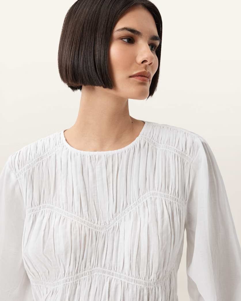 AllSaints Melani Round Neck Gathered Top Women's Antique White Women's