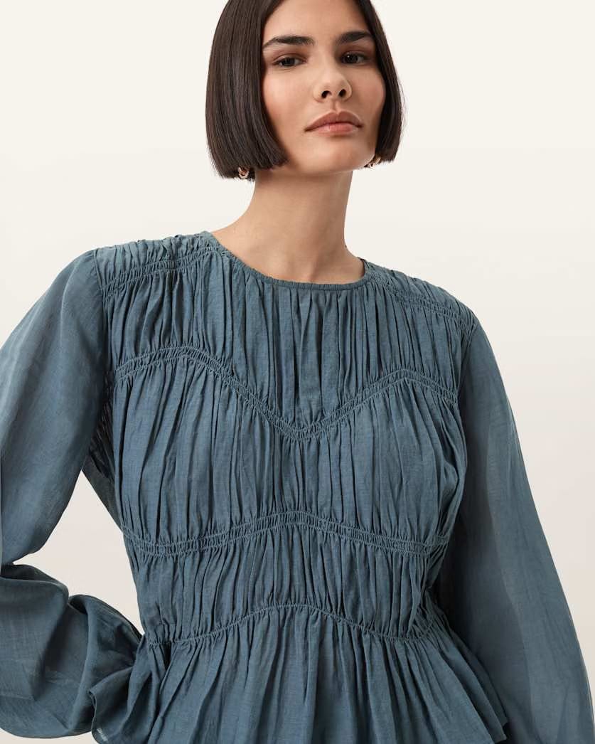 AllSaints Melani Round Neck Gathered Top Women's Antique White Women's