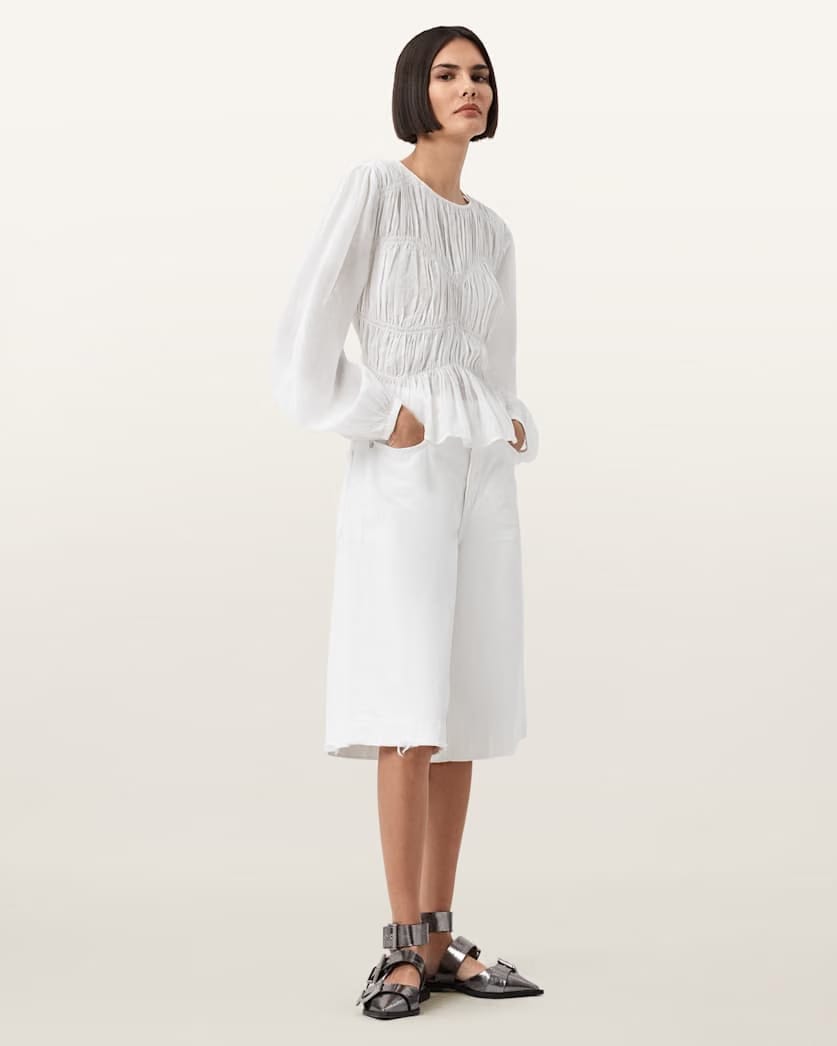 AllSaints Melani Round Neck Gathered Top Women's Antique White Women's