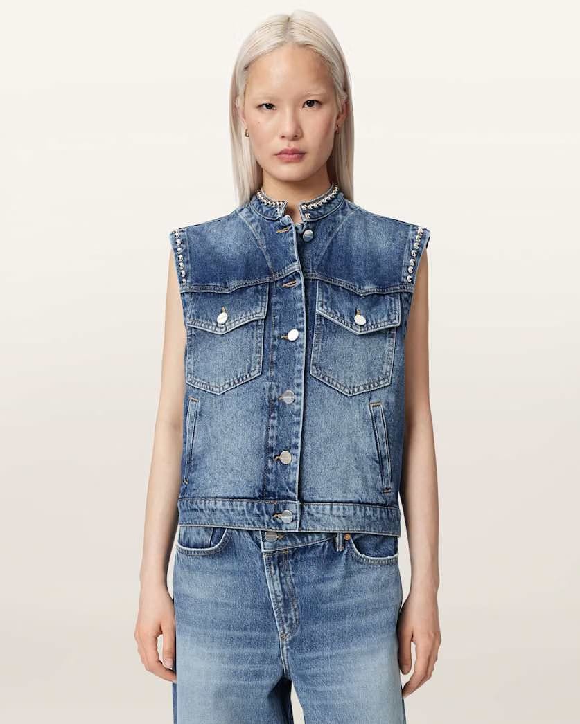 AllSaints Mav Studded Denim Vest Women's Vintage Indigo Women's