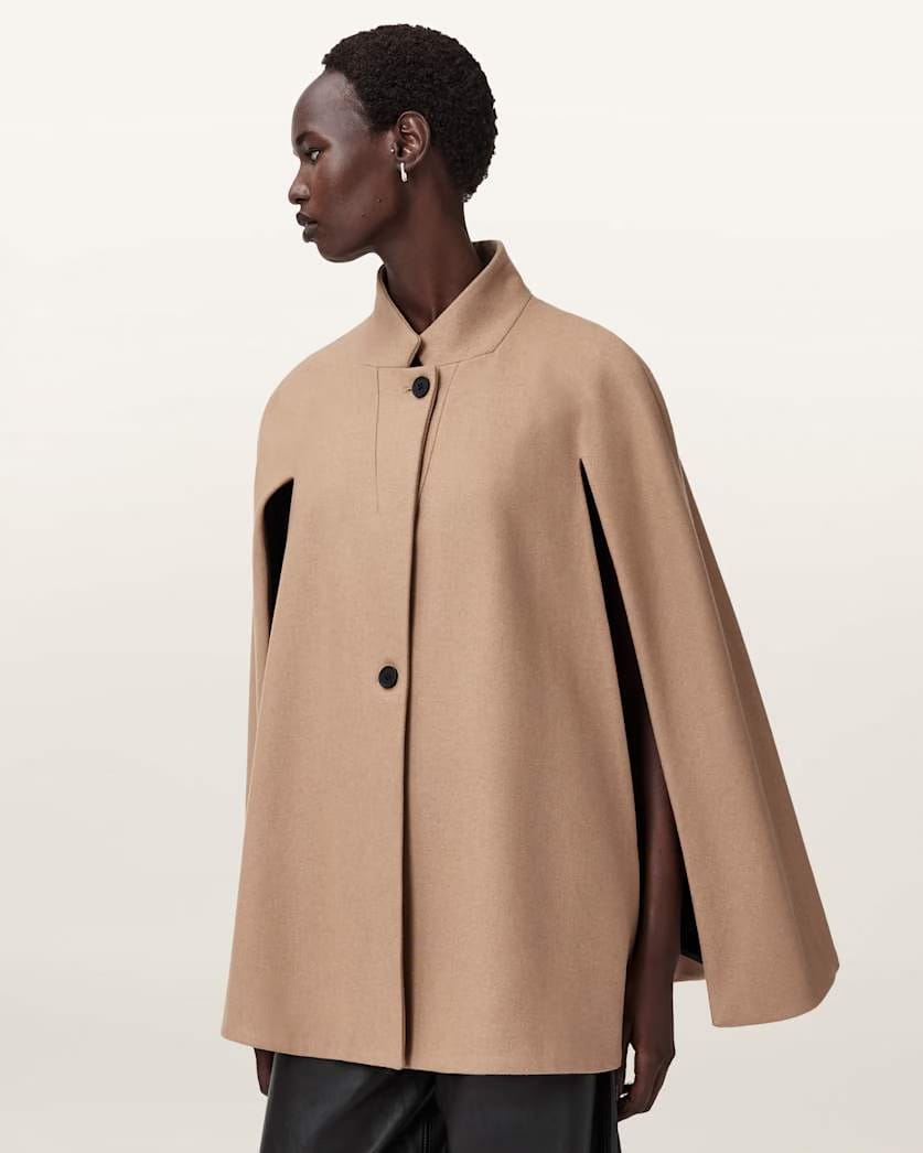 AllSaints Lunis Wool Cape Coat Women's Camel Brown Women's