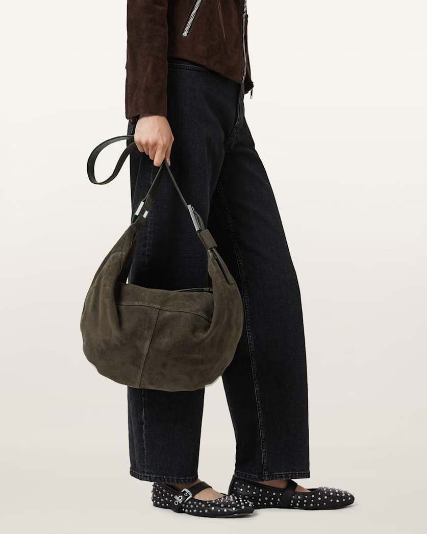 AllSaints Luna Slouchy Suede Shoulder Bag Women's Olive Green Women's
