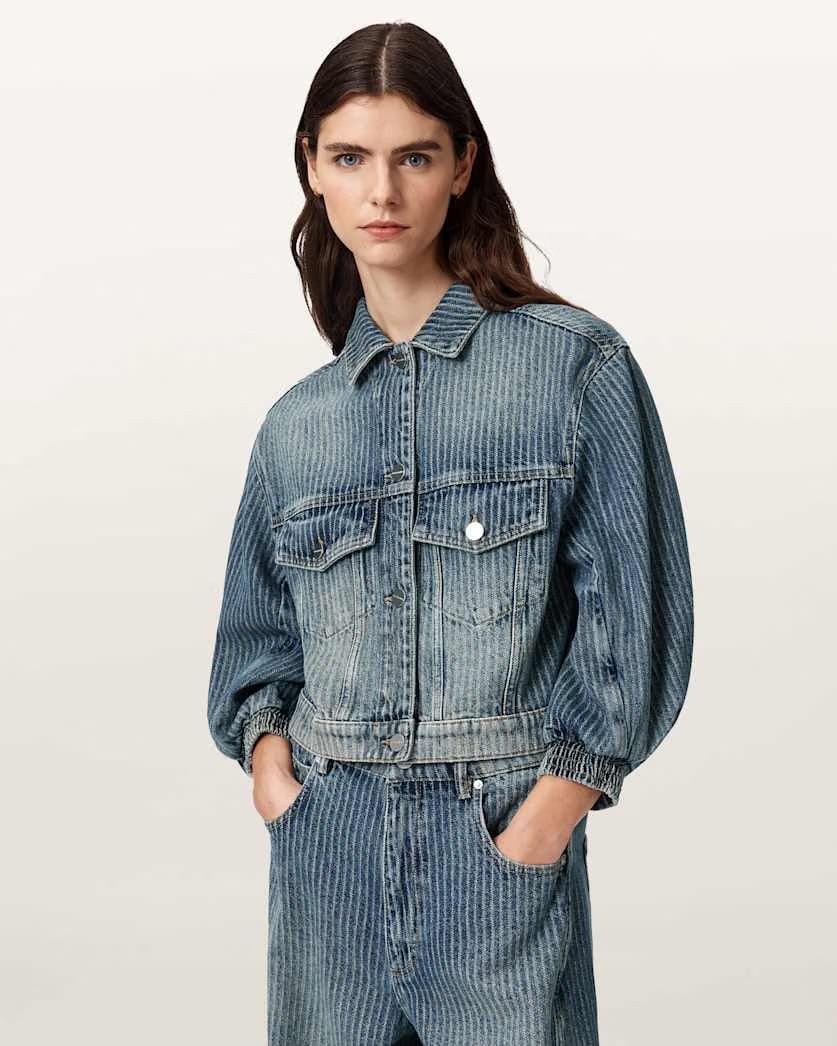 AllSaints Luca Striped Cropped Jacket Women's Titan Blue Women's
