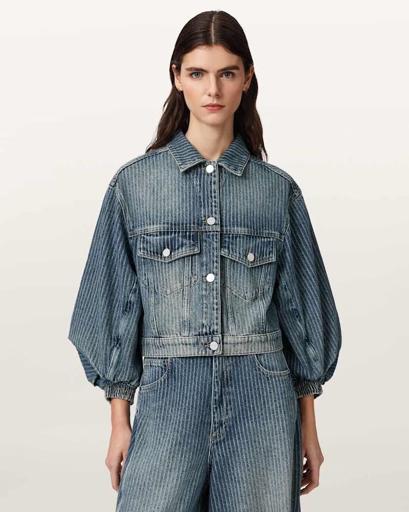 AllSaints Luca Striped Cropped Jacket Women's Titan Blue Women's