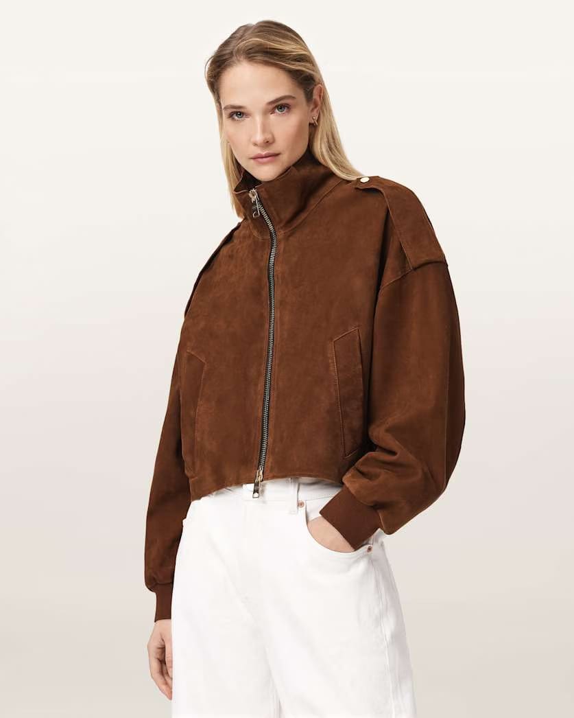 AllSaints Lowden Suede Jacket Women's Cognac Brown Women's