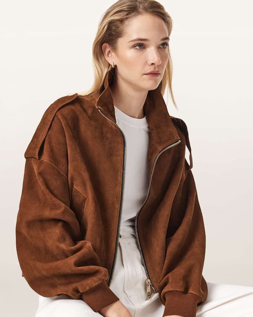 AllSaints Lowden Suede Jacket Women's Cognac Brown Women's