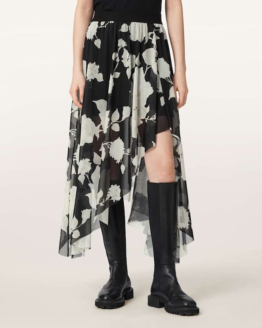 AllSaints Loria Raw Edge Maxi Skirt Women's Fleurz Black Women's