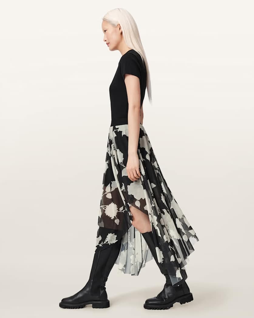AllSaints Loria Raw Edge Maxi Skirt Women's Fleurz Black Women's
