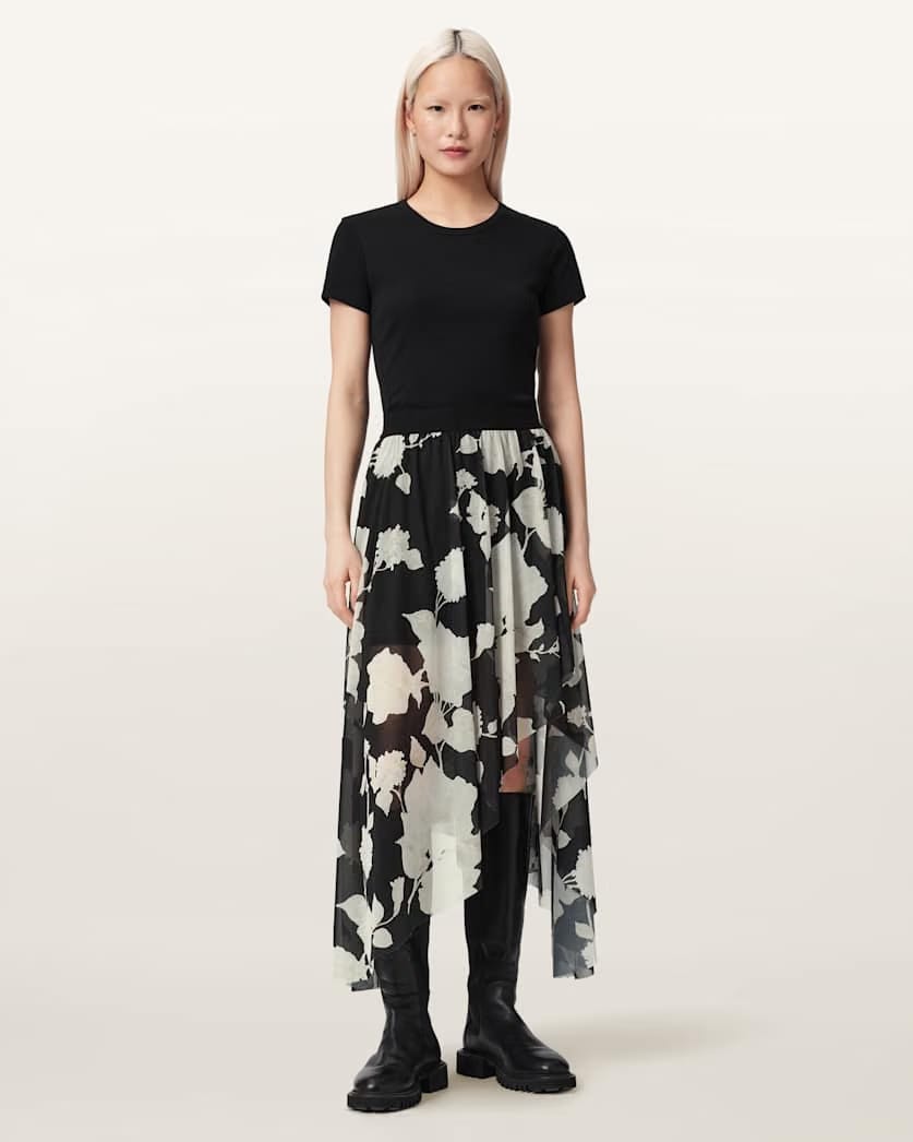 AllSaints Loria Raw Edge Maxi Skirt Women's Fleurz Black Women's
