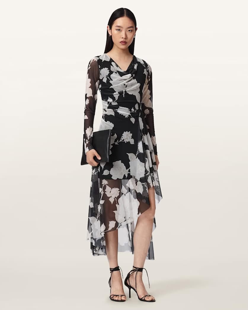 AllSaints Loria Draped Mesh Midi Dress Women's Fleurz Black Women's