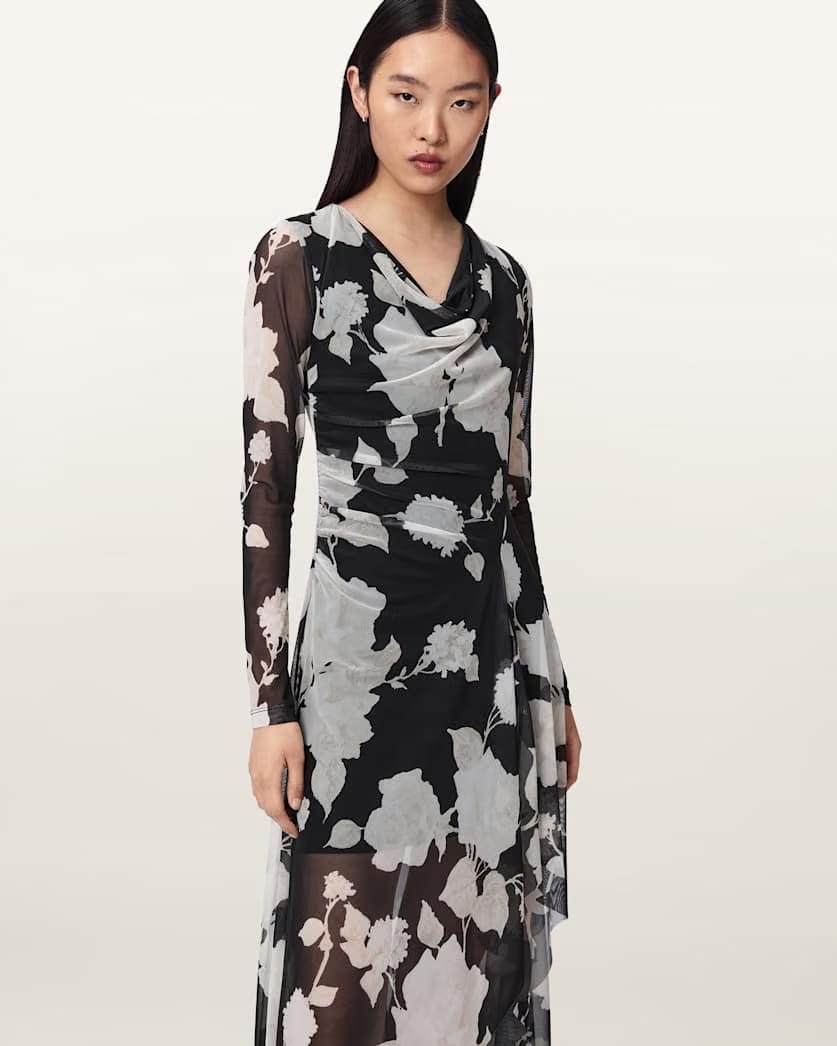 AllSaints Loria Draped Mesh Midi Dress Women's Fleurz Black Women's