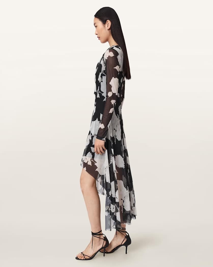 AllSaints Loria Draped Mesh Midi Dress Women's Fleurz Black Women's