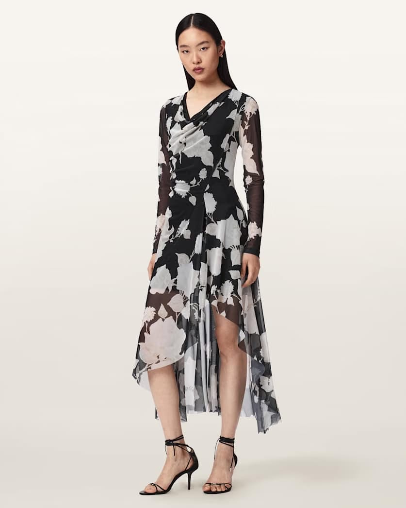 AllSaints Loria Draped Mesh Midi Dress Women's Fleurz Black Women's