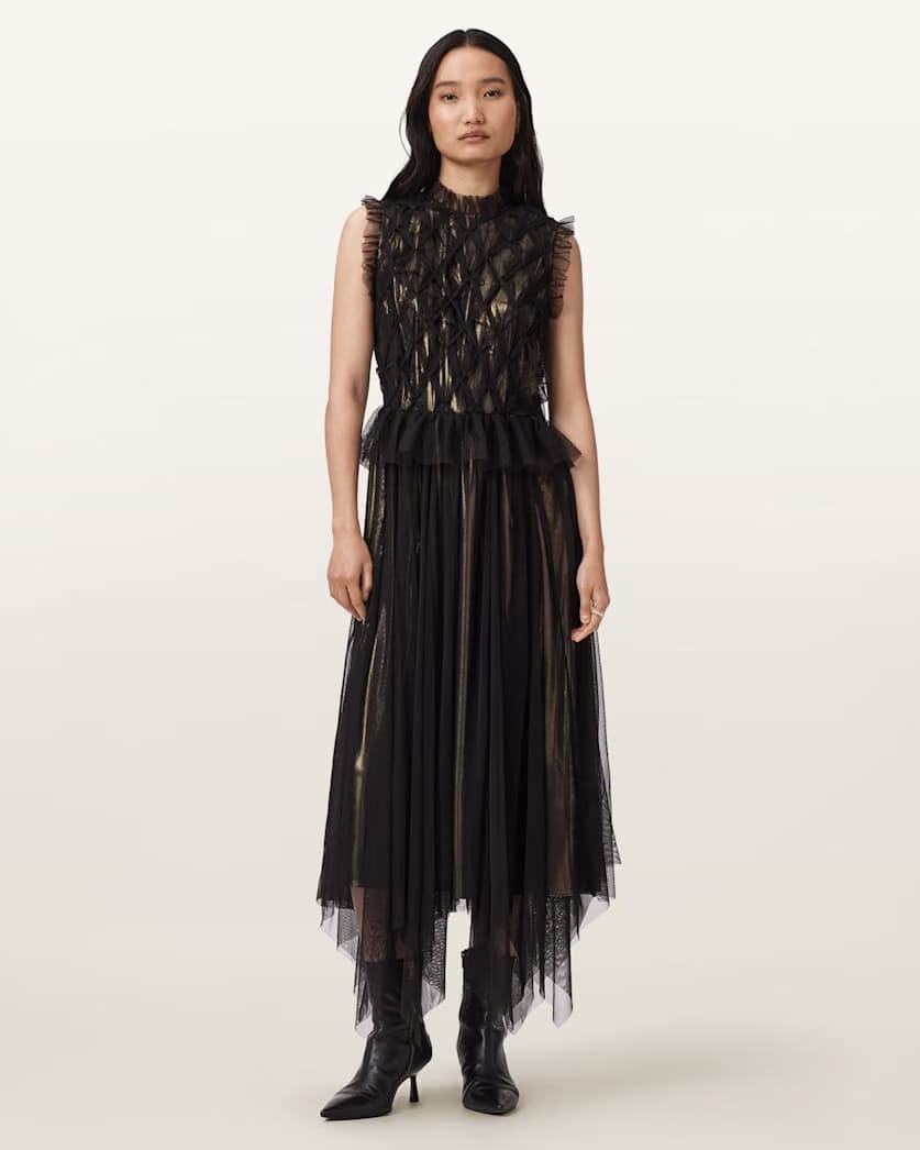 AllSaints Lola Metallic Midi Dress Women's Metallic Gold Women's