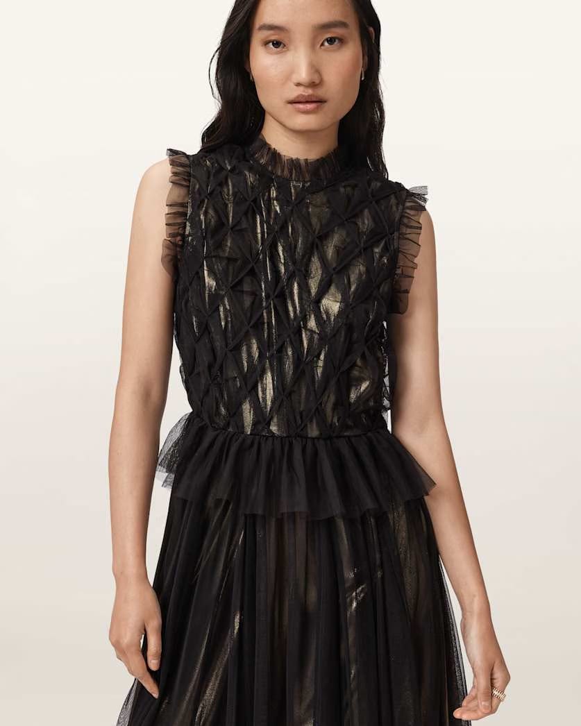 AllSaints Lola Metallic Midi Dress Women's Metallic Gold Women's