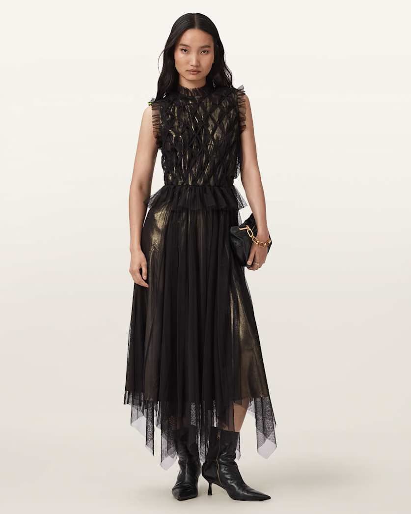 AllSaints Lola Metallic Midi Dress Women's Metallic Gold Women's