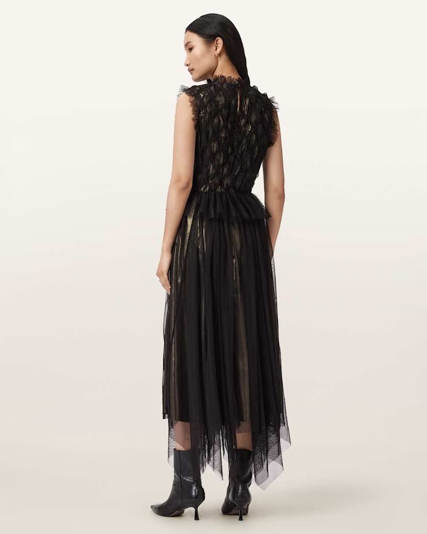 AllSaints Lola Metallic Midi Dress Women's Metallic Gold Women's